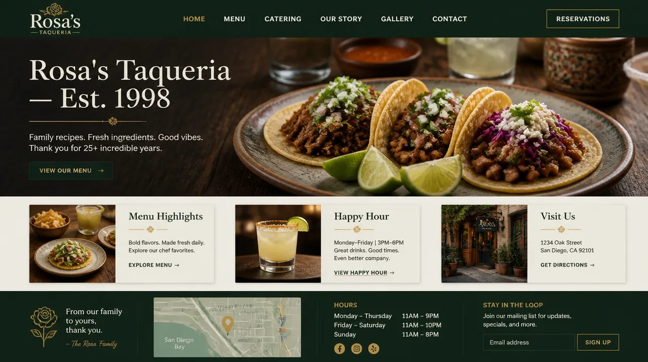 A generated restaurant website open in a laptop browser