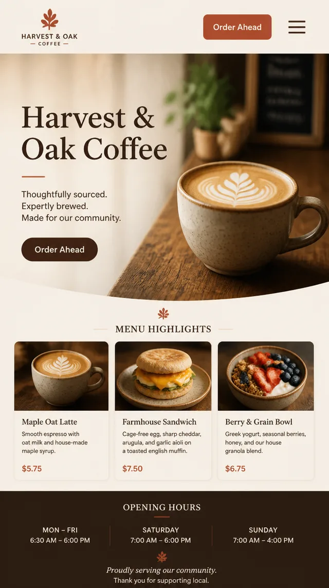 A generated café website shown on a phone