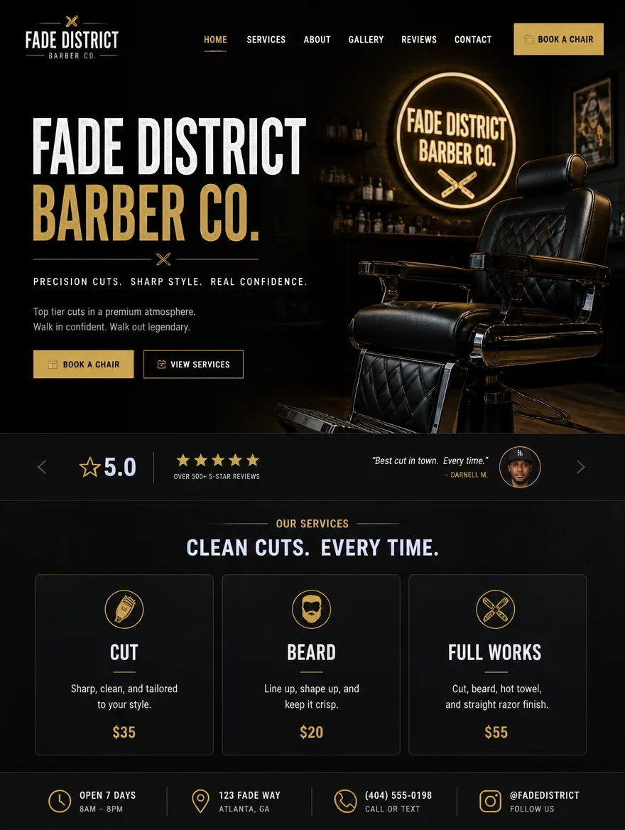 A generated barbershop website shown on a tablet